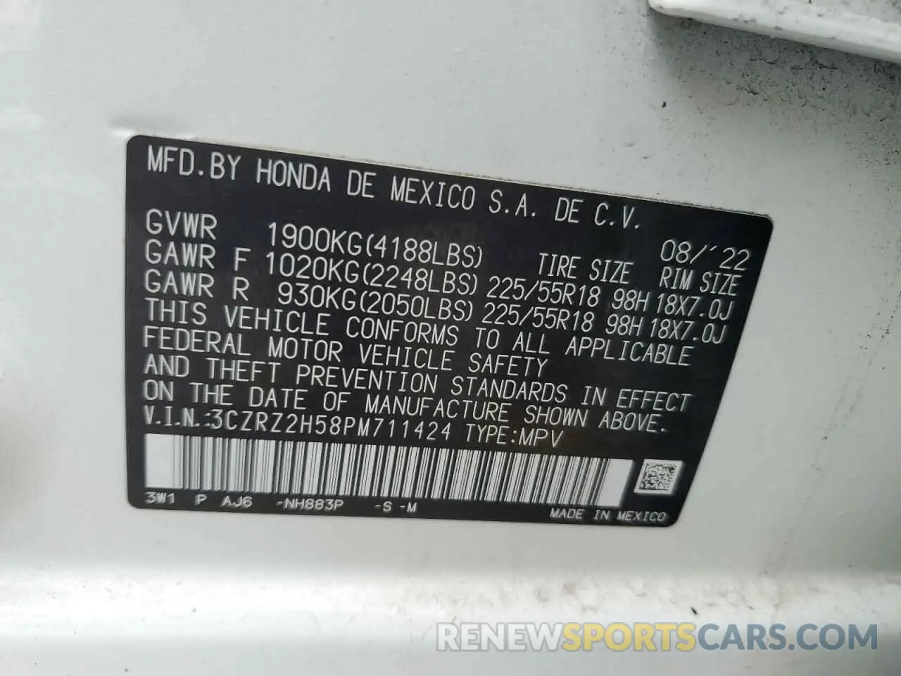 14 Photograph of a damaged car 3CZRZ2H58PM711424 HONDA HR-V 2023