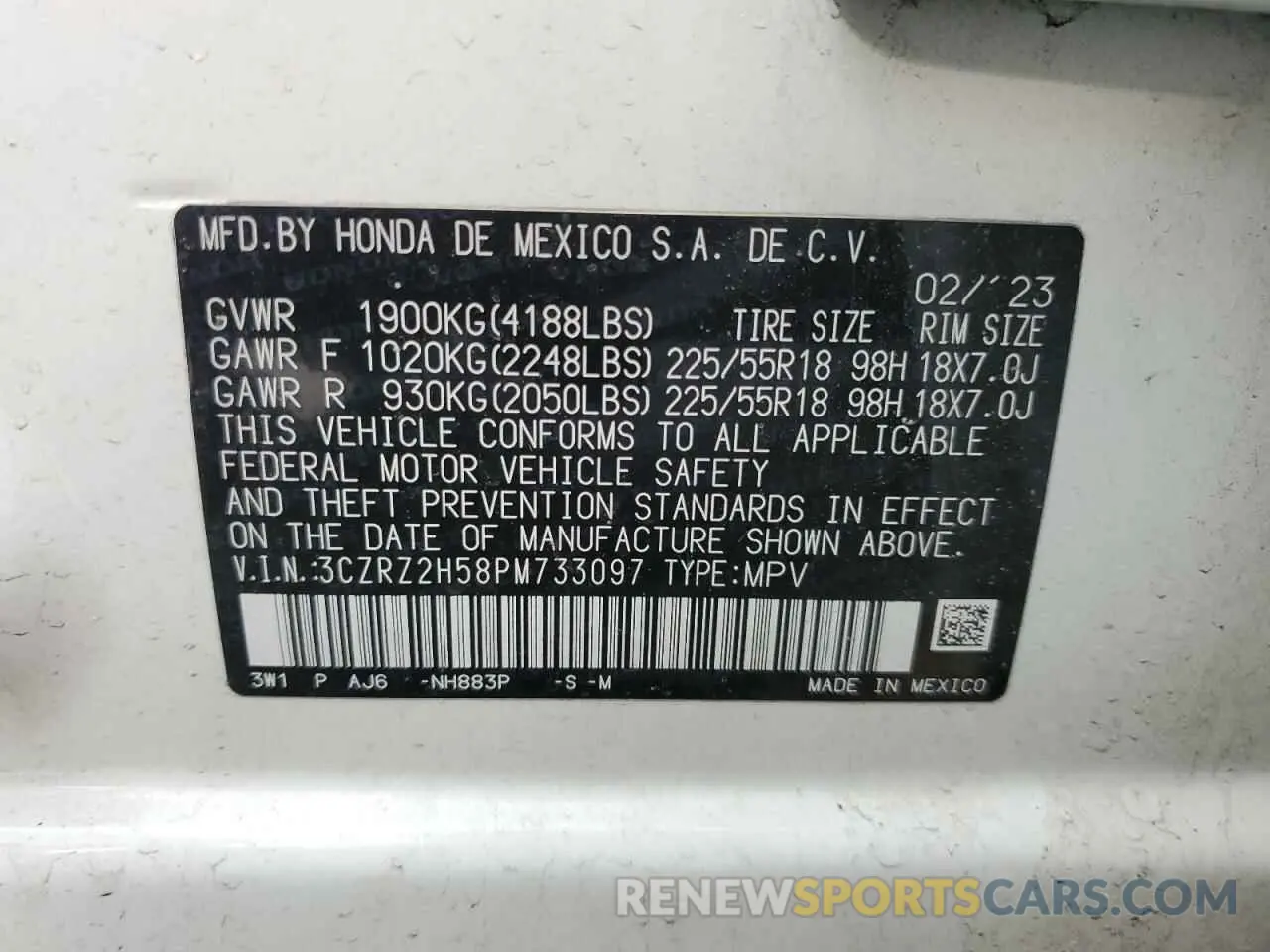 14 Photograph of a damaged car 3CZRZ2H58PM733097 HONDA HR-V 2023