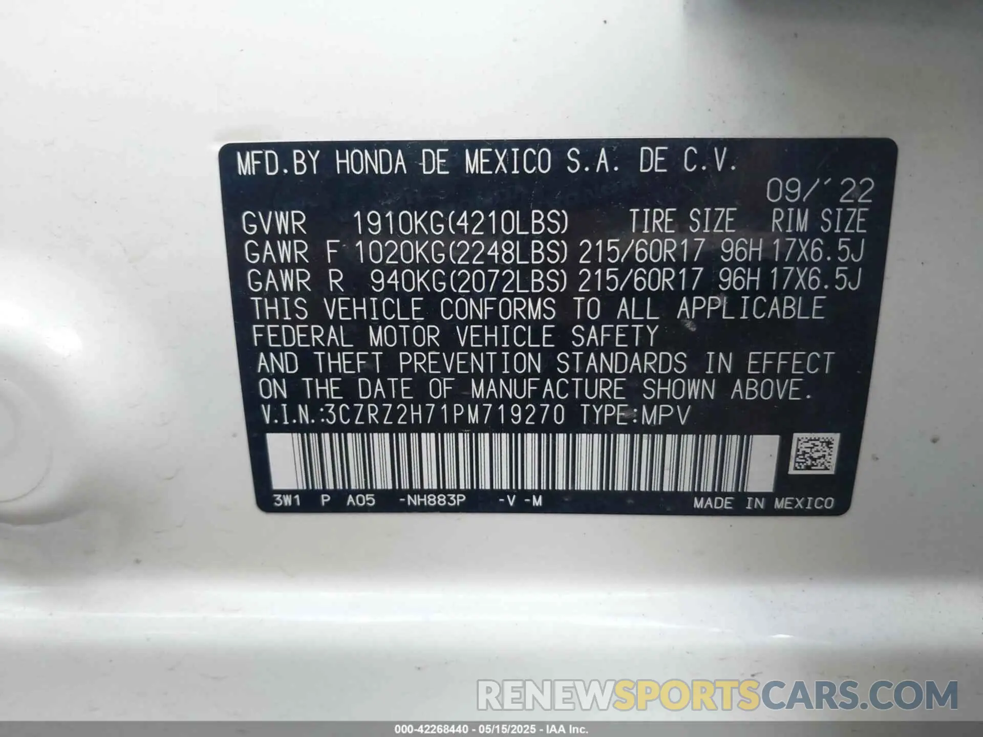 9 Photograph of a damaged car 3CZRZ2H71PM719270 HONDA HR-V 2023