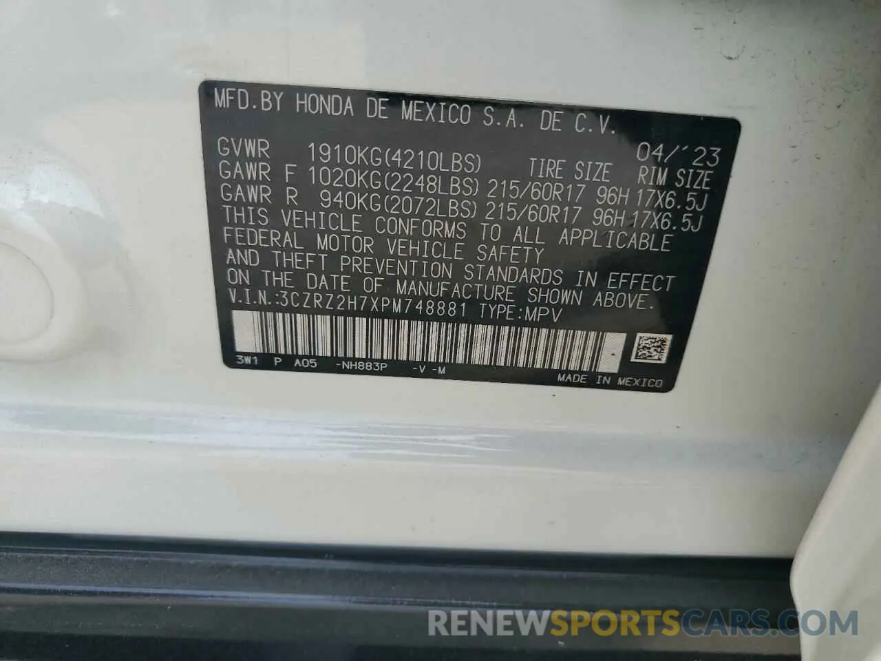 13 Photograph of a damaged car 3CZRZ2H7XPM748881 HONDA HR-V 2023