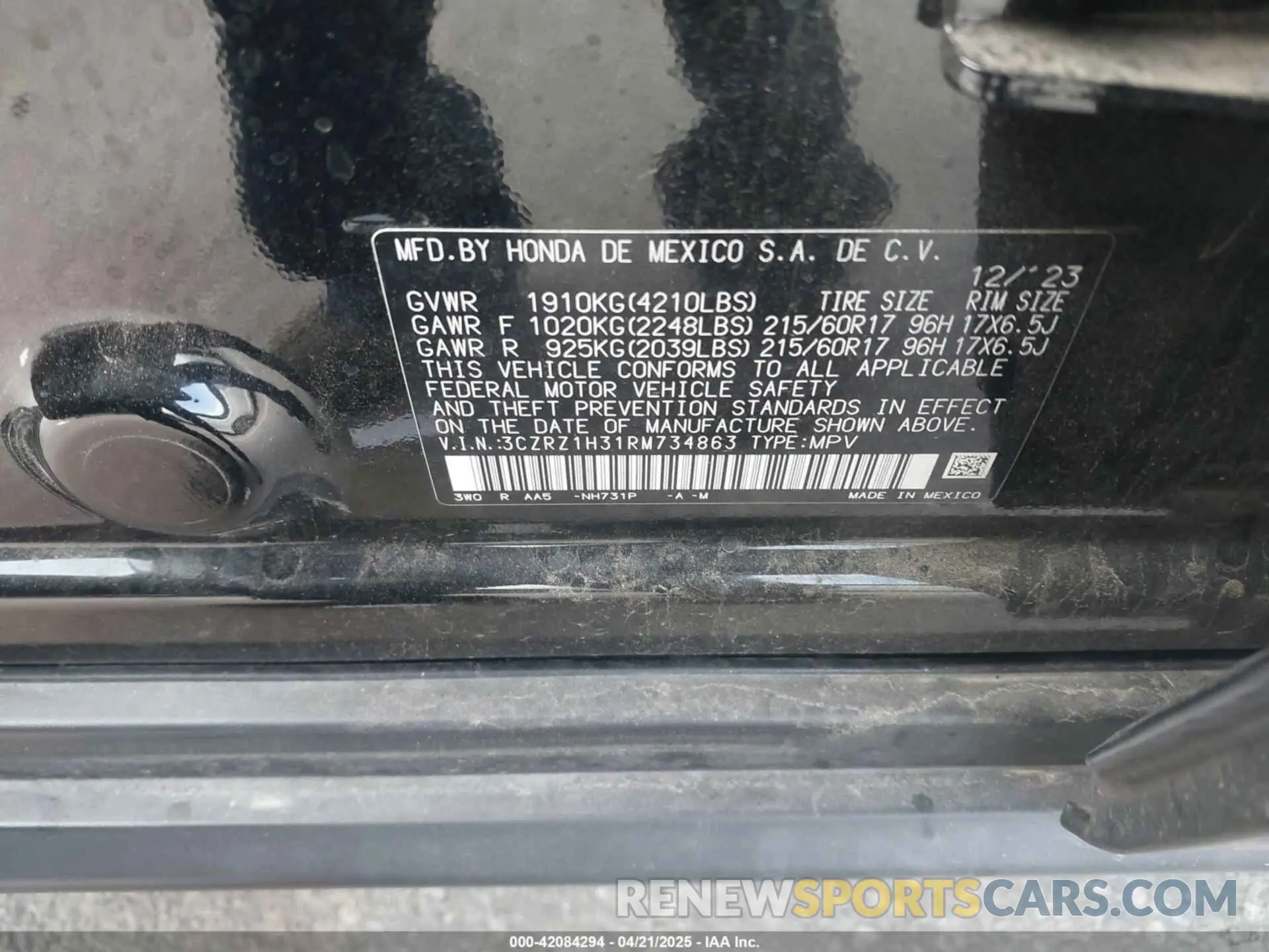 9 Photograph of a damaged car 3CZRZ1H31RM734863 HONDA HR-V 2024