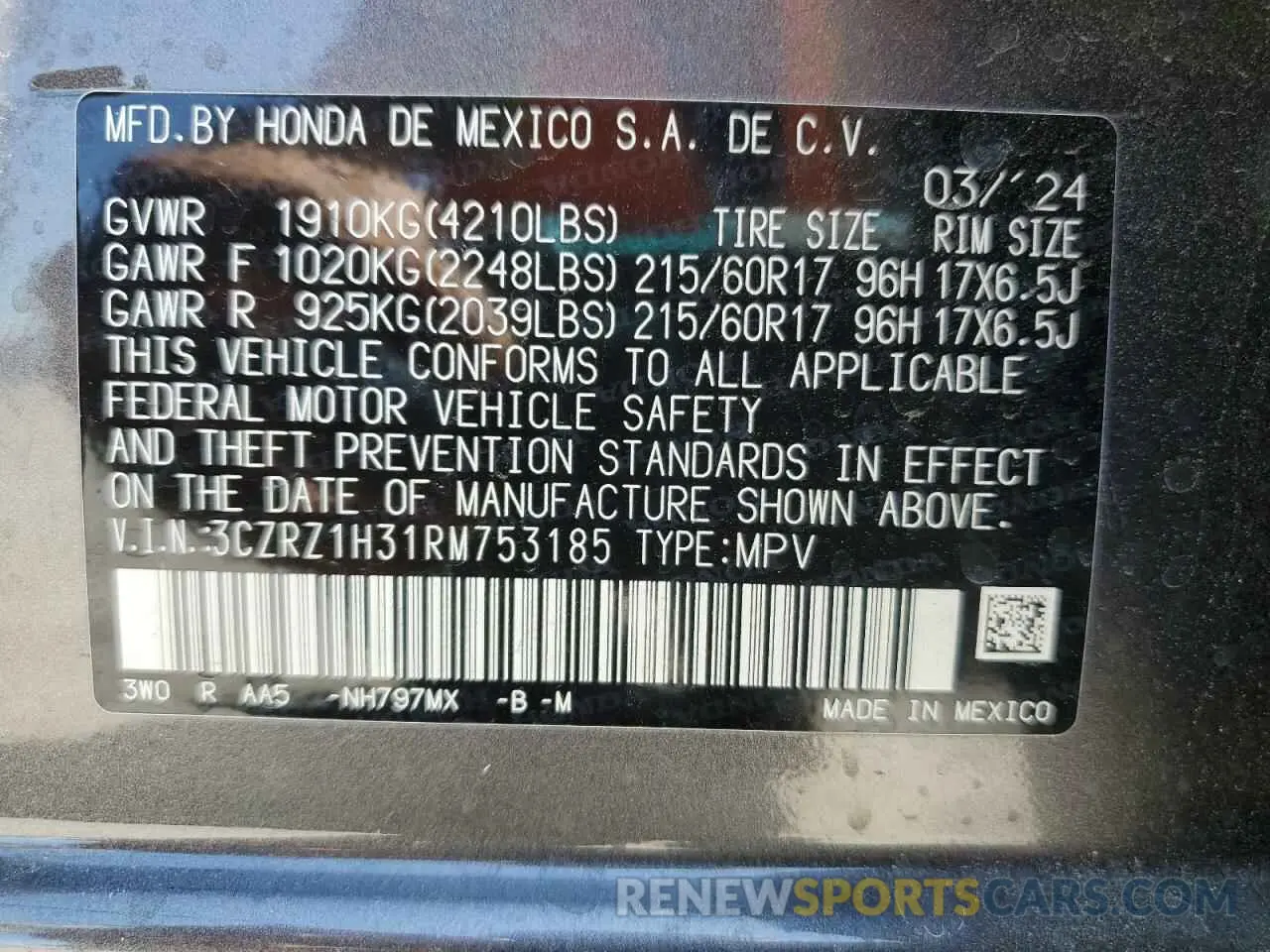 12 Photograph of a damaged car 3CZRZ1H31RM753185 HONDA HR-V 2024