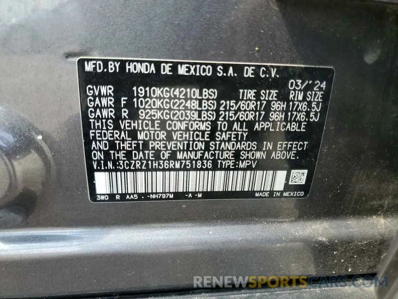 13 Photograph of a damaged car 3CZRZ1H36RM751836 HONDA HR-V 2024