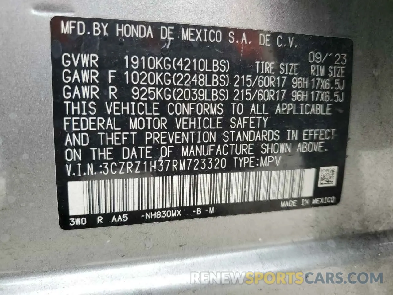 14 Photograph of a damaged car 3CZRZ1H37RM723320 HONDA HR-V 2024