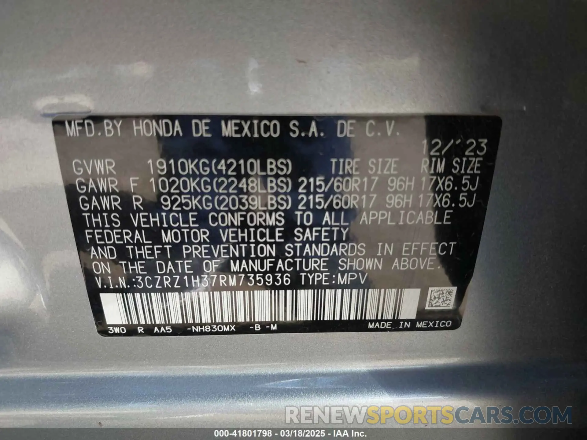 9 Photograph of a damaged car 3CZRZ1H37RM735936 HONDA HR-V 2024