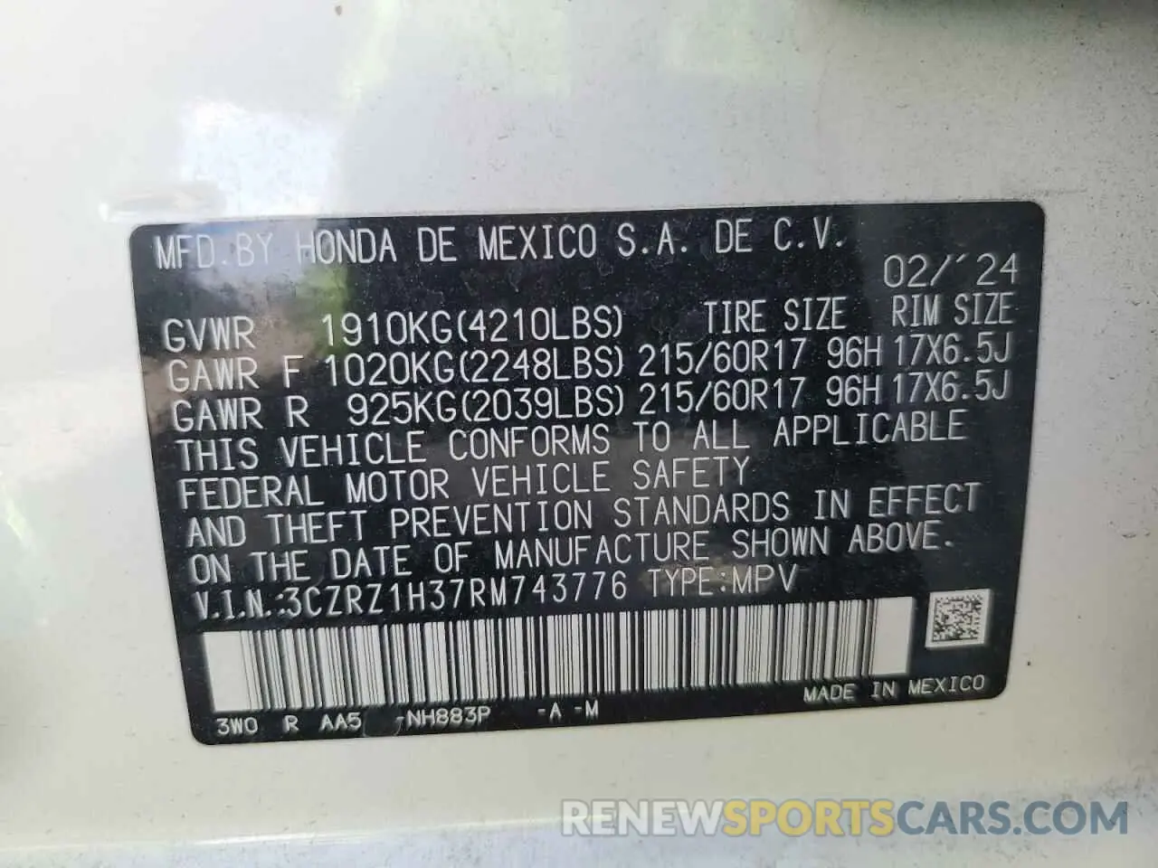 13 Photograph of a damaged car 3CZRZ1H37RM743776 HONDA HR-V 2024