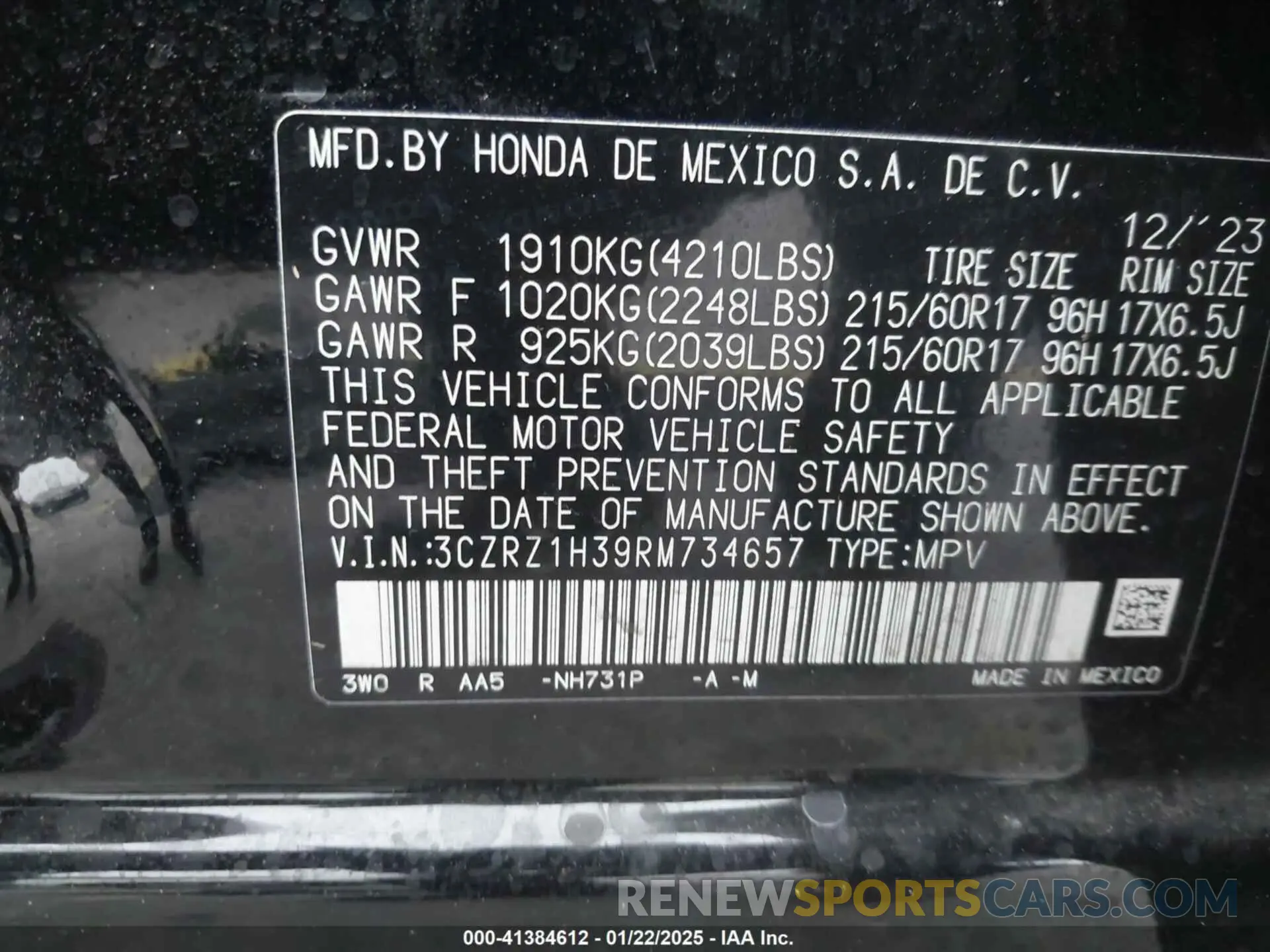 9 Photograph of a damaged car 3CZRZ1H39RM734657 HONDA HR-V 2024