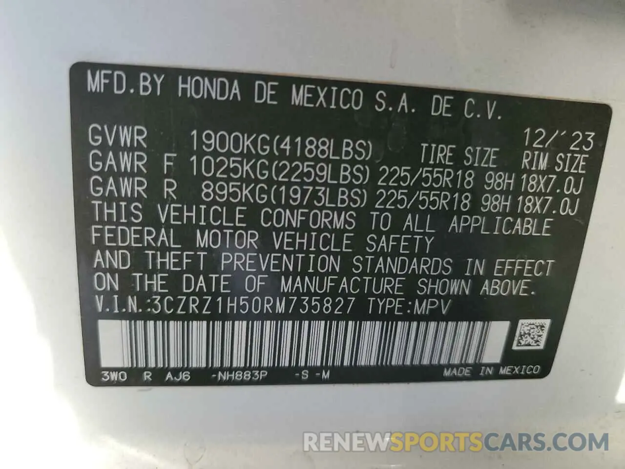 13 Photograph of a damaged car 3CZRZ1H50RM735827 HONDA HR-V 2024