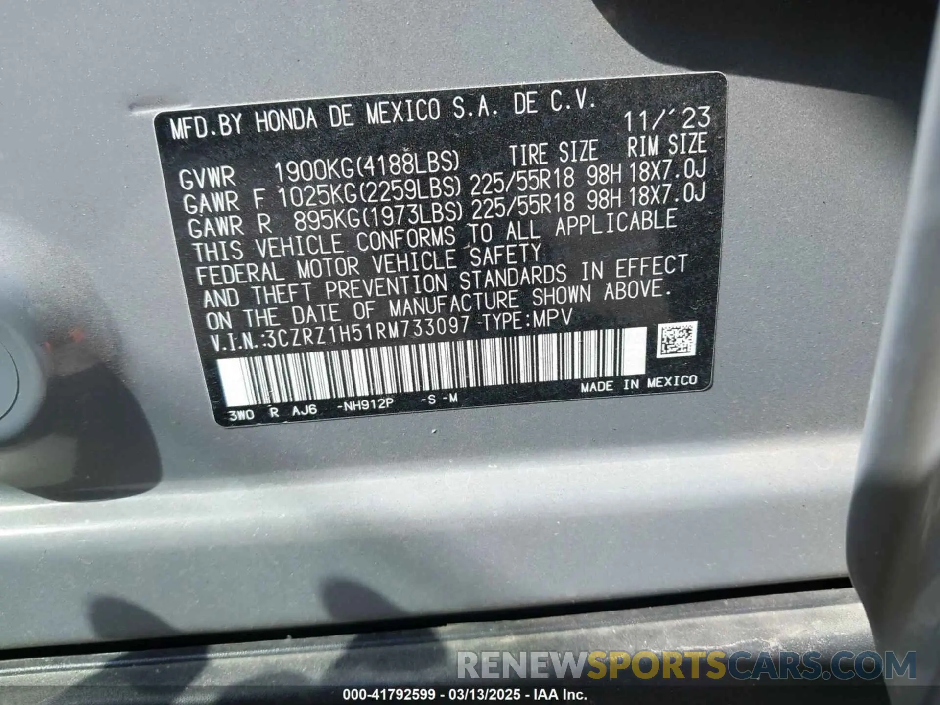 9 Photograph of a damaged car 3CZRZ1H51RM733097 HONDA HR-V 2024