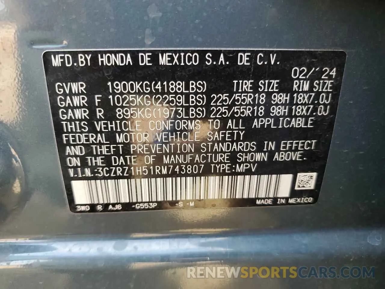 15 Photograph of a damaged car 3CZRZ1H51RM743807 HONDA HR-V 2024
