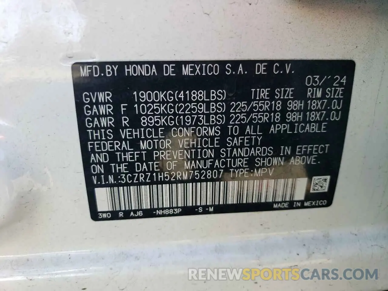 15 Photograph of a damaged car 3CZRZ1H52RM752807 HONDA HR-V 2024