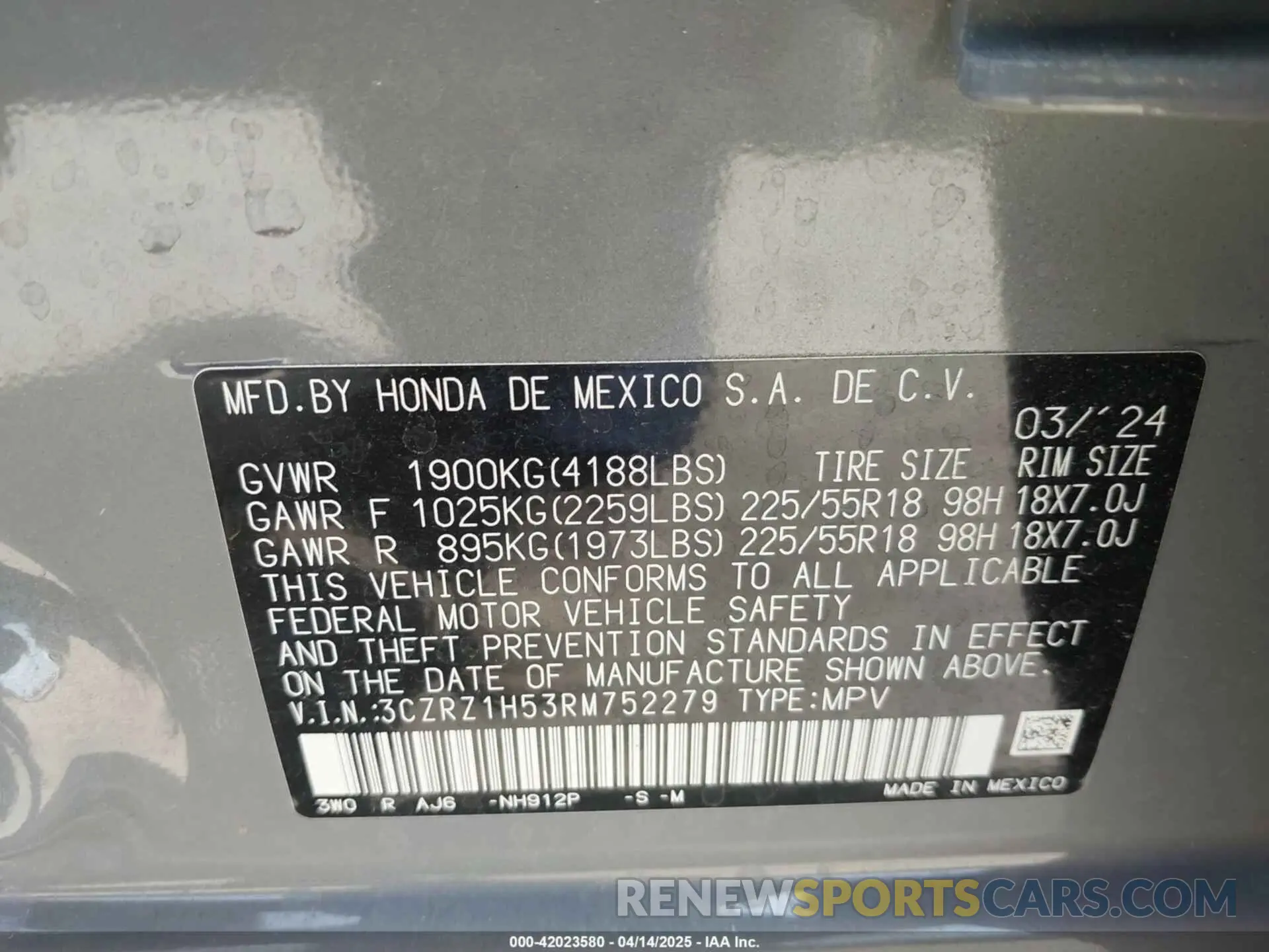 9 Photograph of a damaged car 3CZRZ1H53RM752279 HONDA HR-V 2024