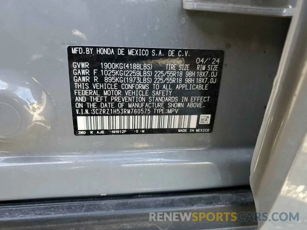 14 Photograph of a damaged car 3CZRZ1H53RM760575 HONDA HR-V 2024