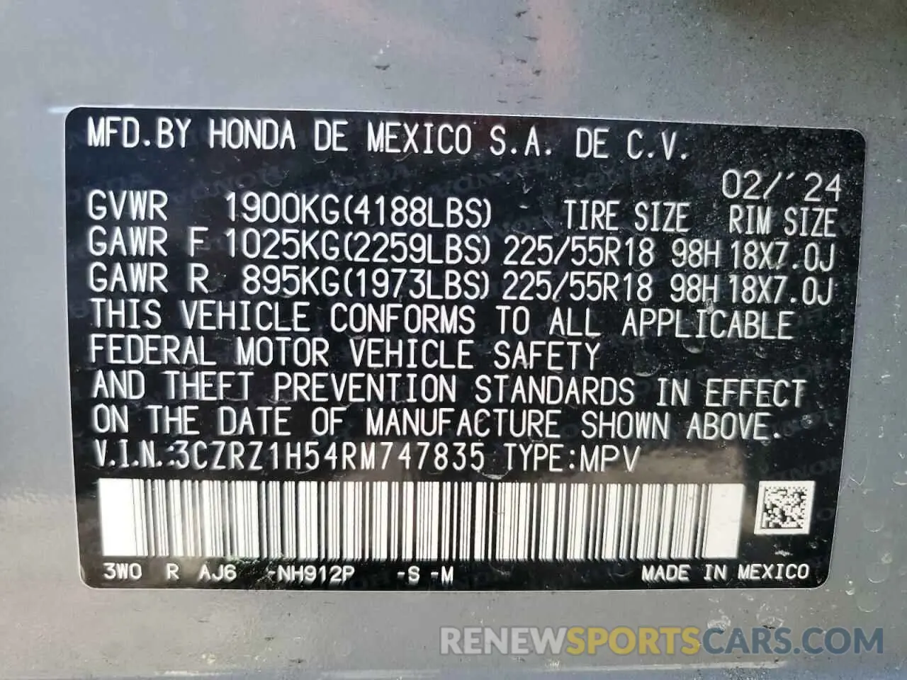 14 Photograph of a damaged car 3CZRZ1H54RM747835 HONDA HR-V 2024
