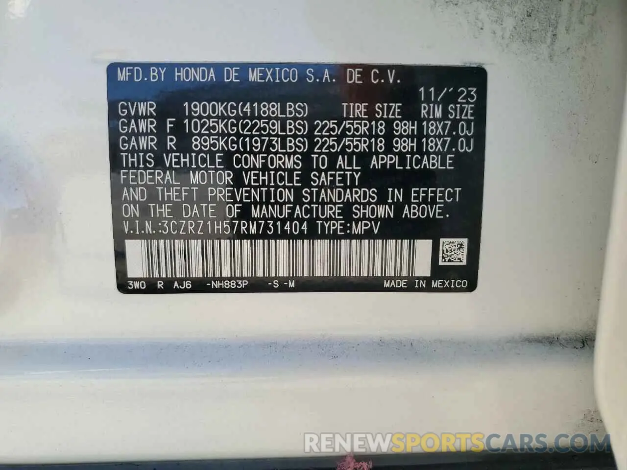 14 Photograph of a damaged car 3CZRZ1H57RM731404 HONDA HR-V 2024