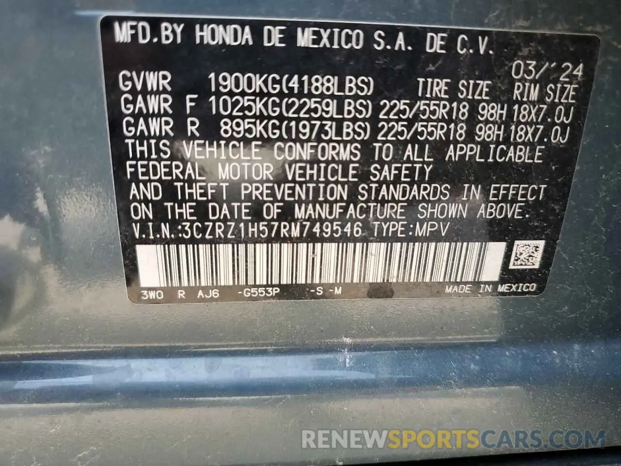 14 Photograph of a damaged car 3CZRZ1H57RM749546 HONDA HR-V 2024