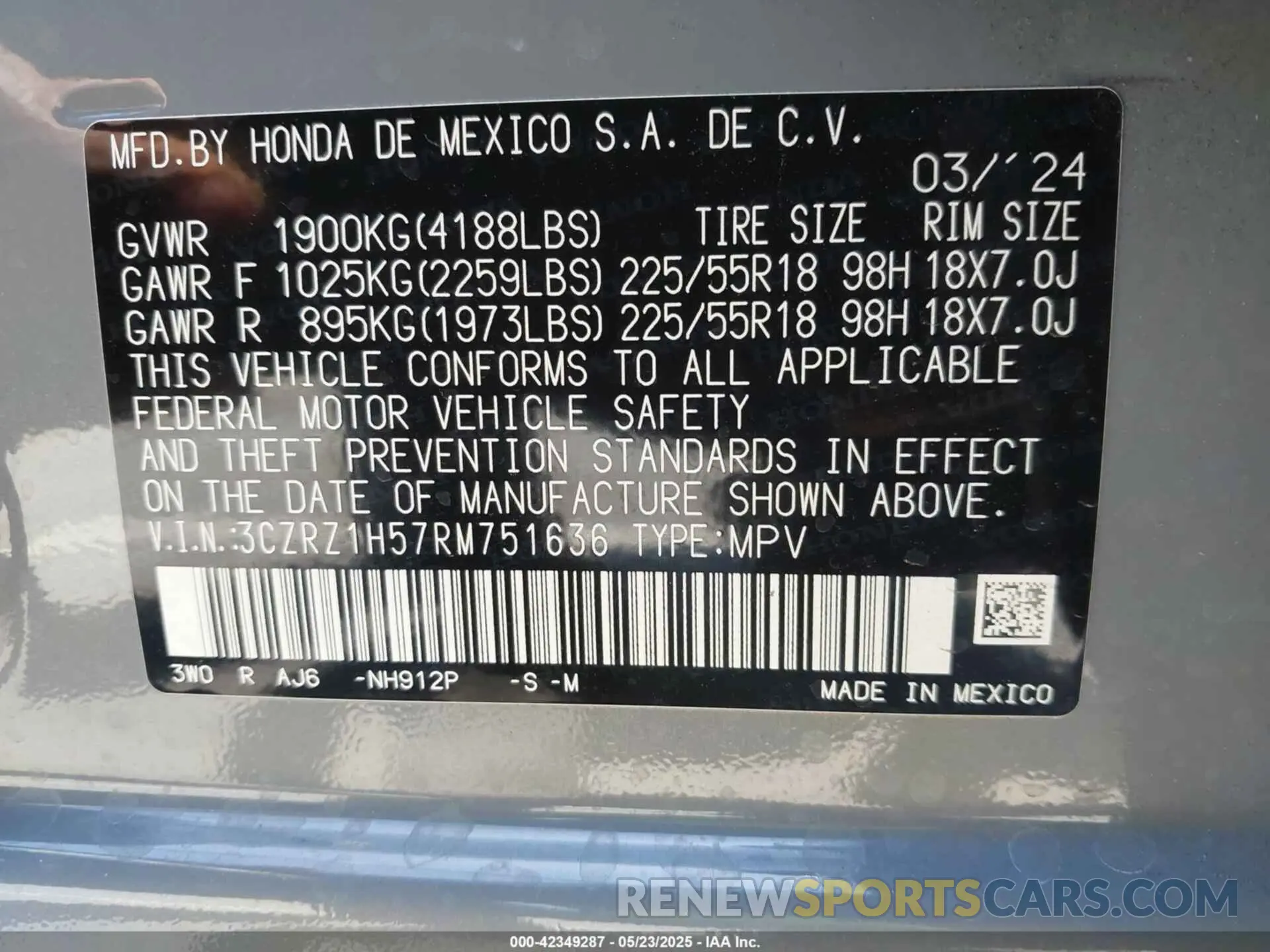 9 Photograph of a damaged car 3CZRZ1H57RM751636 HONDA HR-V 2024