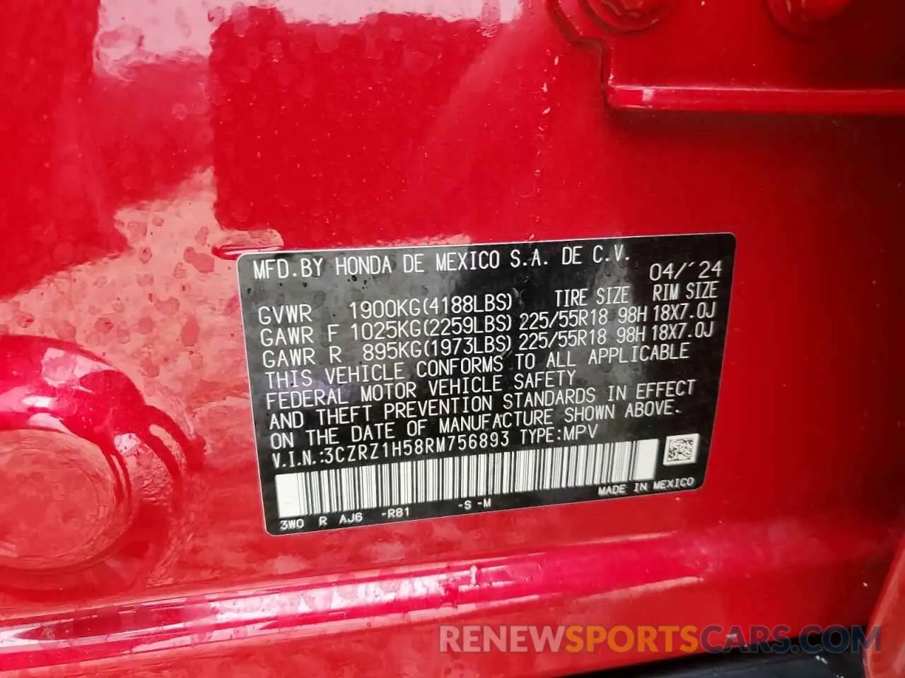 12 Photograph of a damaged car 3CZRZ1H58RM756893 HONDA HR-V 2024