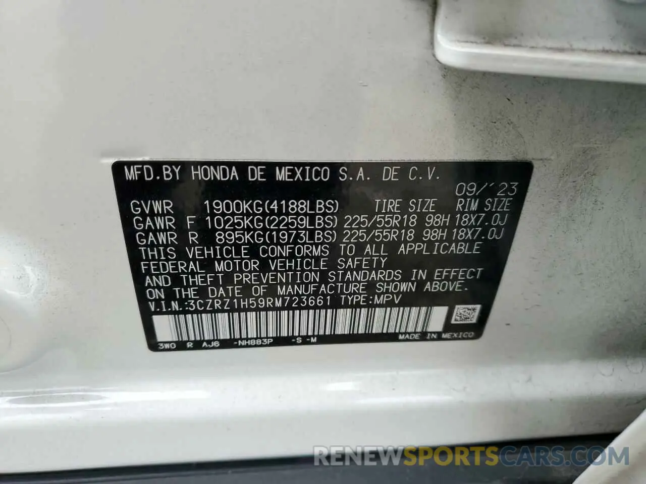 14 Photograph of a damaged car 3CZRZ1H59RM723661 HONDA HR-V 2024