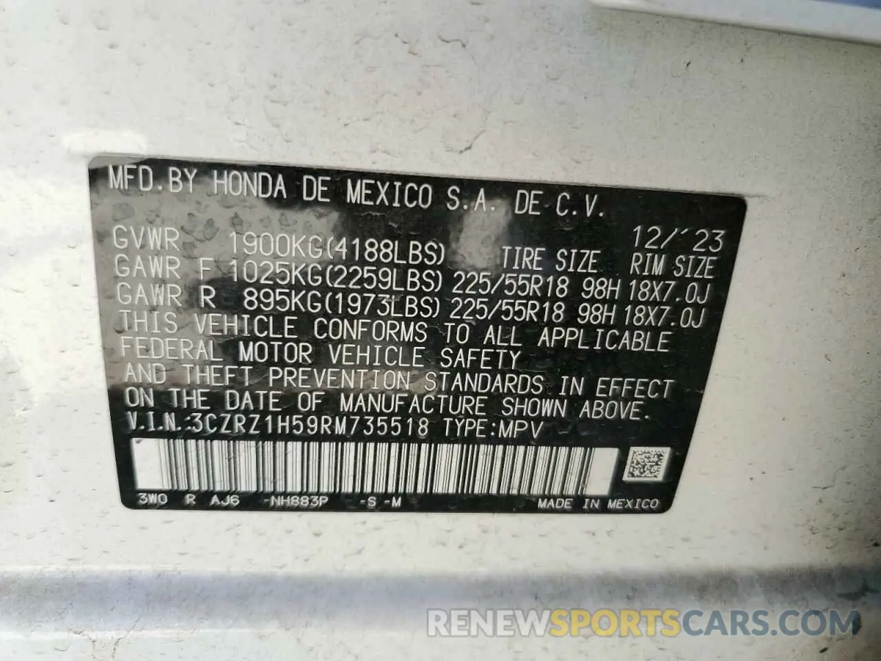 12 Photograph of a damaged car 3CZRZ1H59RM735518 HONDA HR-V 2024