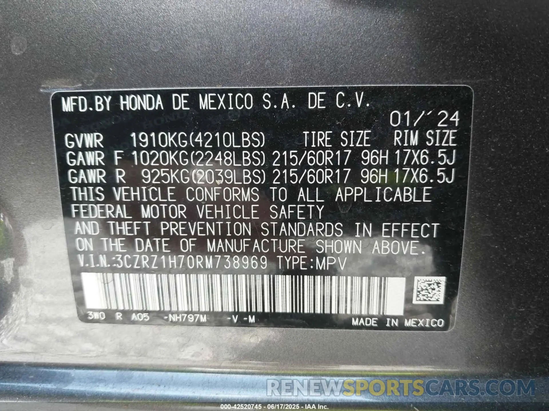 9 Photograph of a damaged car 3CZRZ1H70RM738969 HONDA HR-V 2024