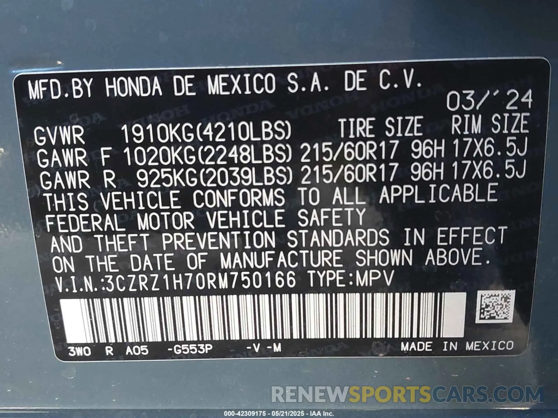 9 Photograph of a damaged car 3CZRZ1H70RM750166 HONDA HR-V 2024