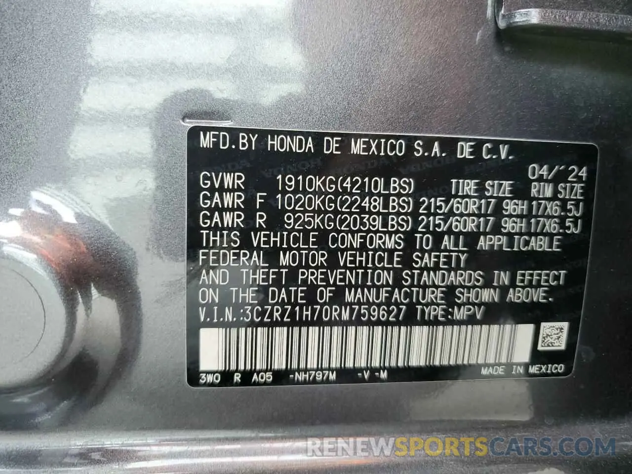 15 Photograph of a damaged car 3CZRZ1H70RM759627 HONDA HR-V 2024