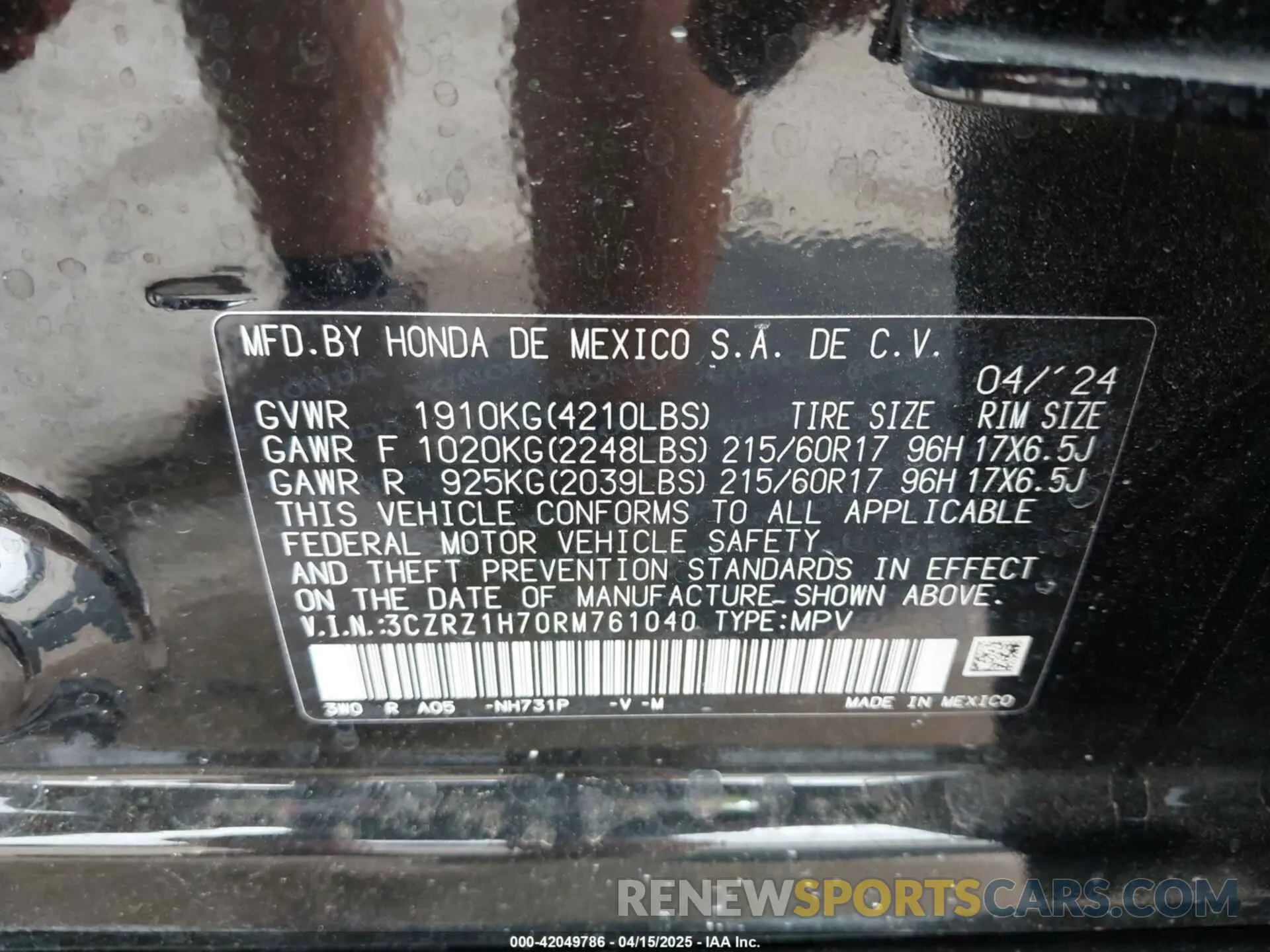 9 Photograph of a damaged car 3CZRZ1H70RM761040 HONDA HR-V 2024