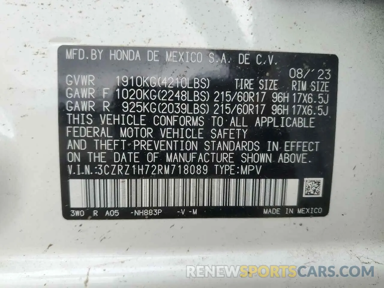 13 Photograph of a damaged car 3CZRZ1H72RM718089 HONDA HR-V 2024
