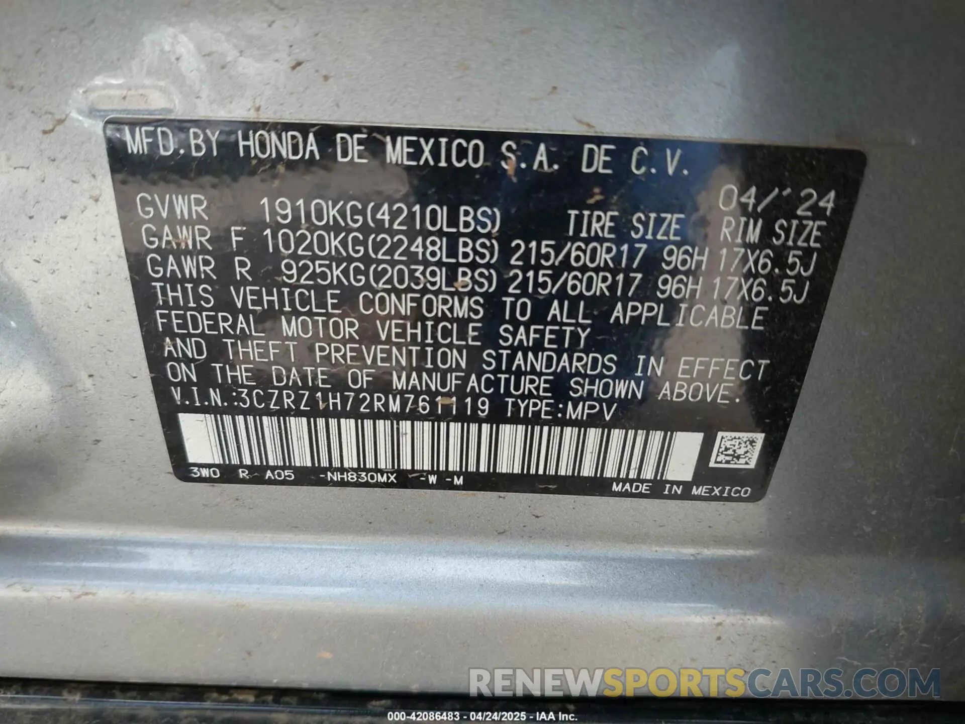 9 Photograph of a damaged car 3CZRZ1H72RM761119 HONDA HR-V 2024