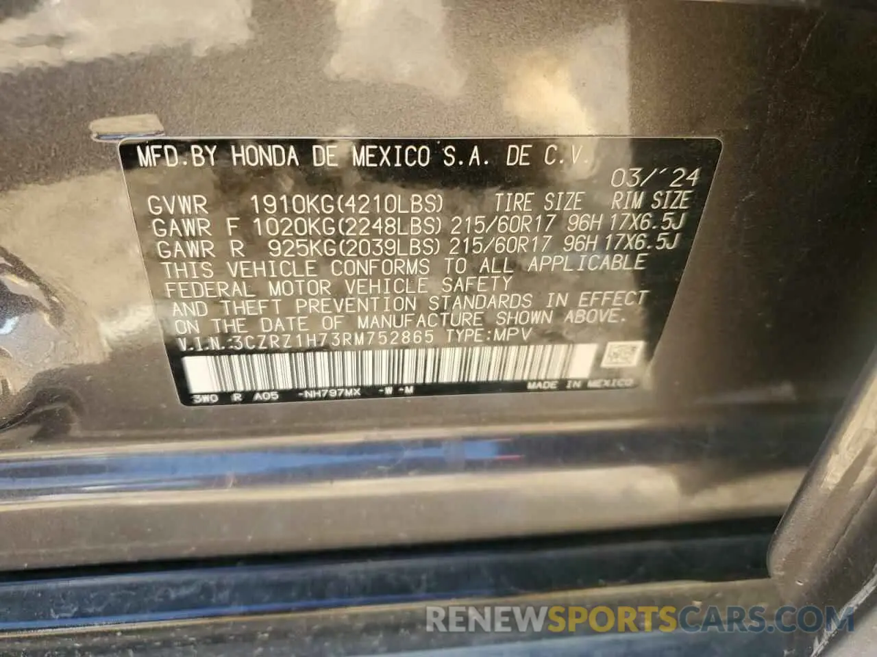 16 Photograph of a damaged car 3CZRZ1H73RM752865 HONDA HR-V 2024