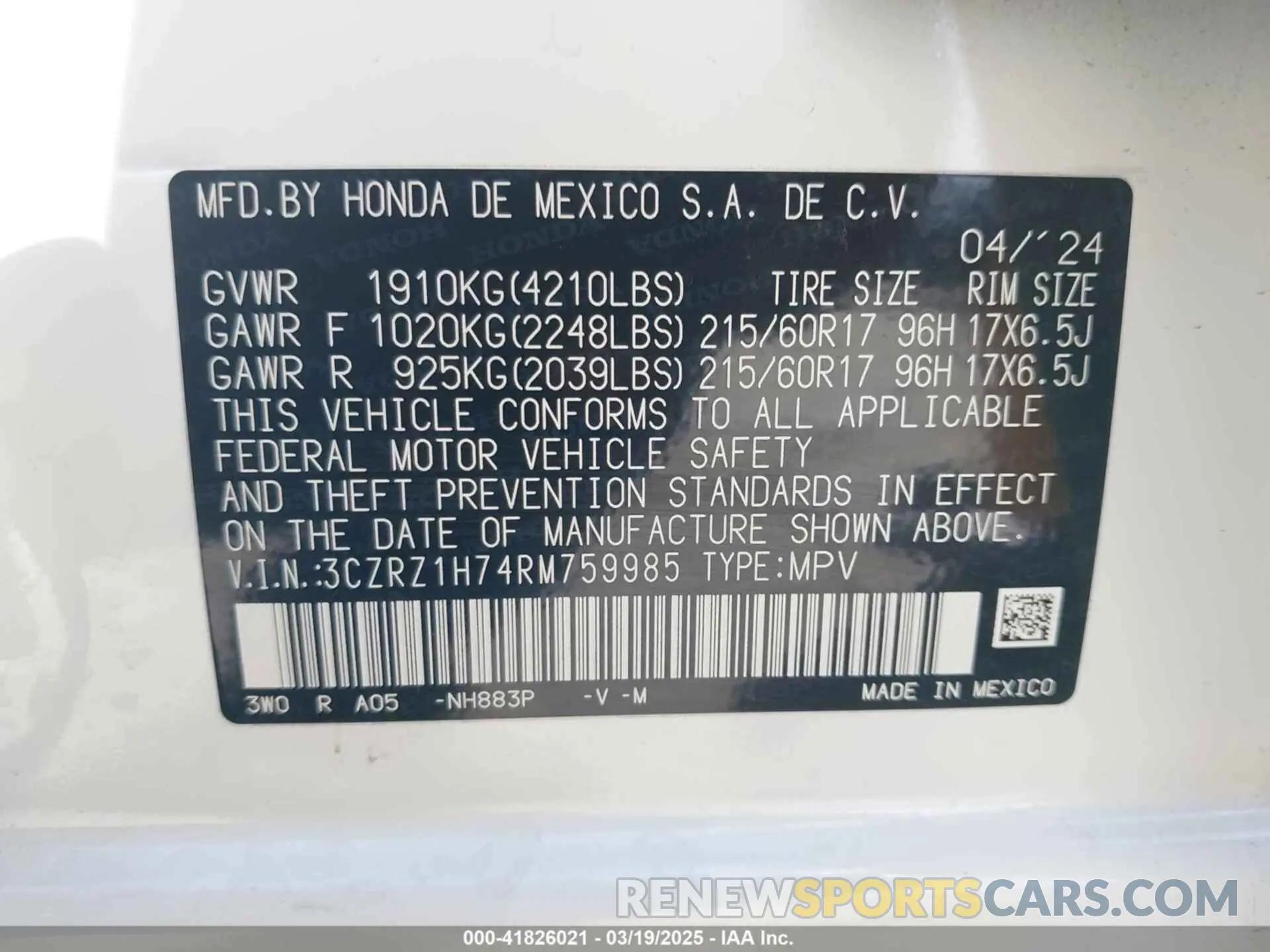 9 Photograph of a damaged car 3CZRZ1H74RM759985 HONDA HR-V 2024
