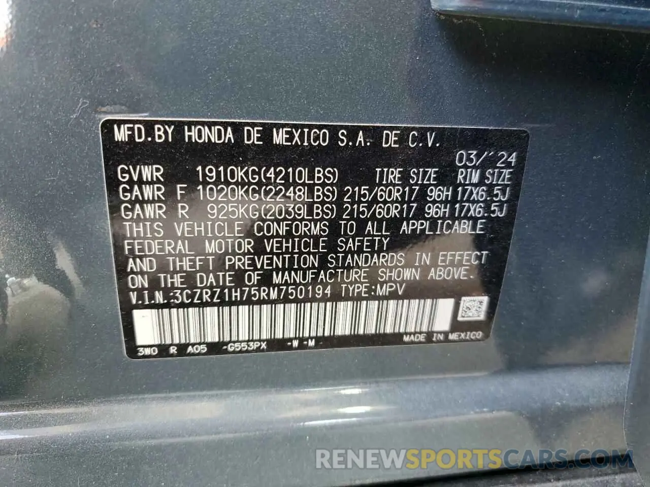 13 Photograph of a damaged car 3CZRZ1H75RM750194 HONDA HR-V 2024