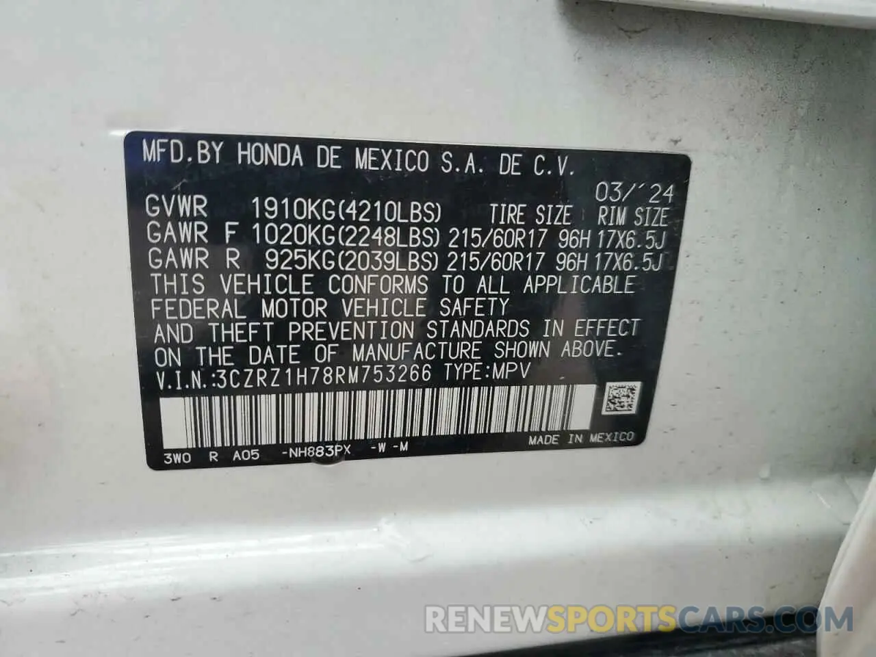 15 Photograph of a damaged car 3CZRZ1H78RM753266 HONDA HR-V 2024
