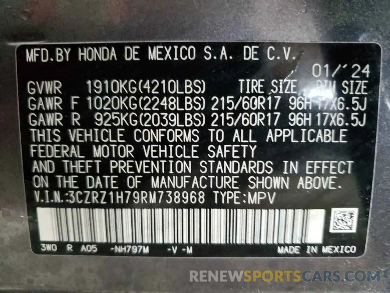 14 Photograph of a damaged car 3CZRZ1H79RM738968 HONDA HR-V 2024
