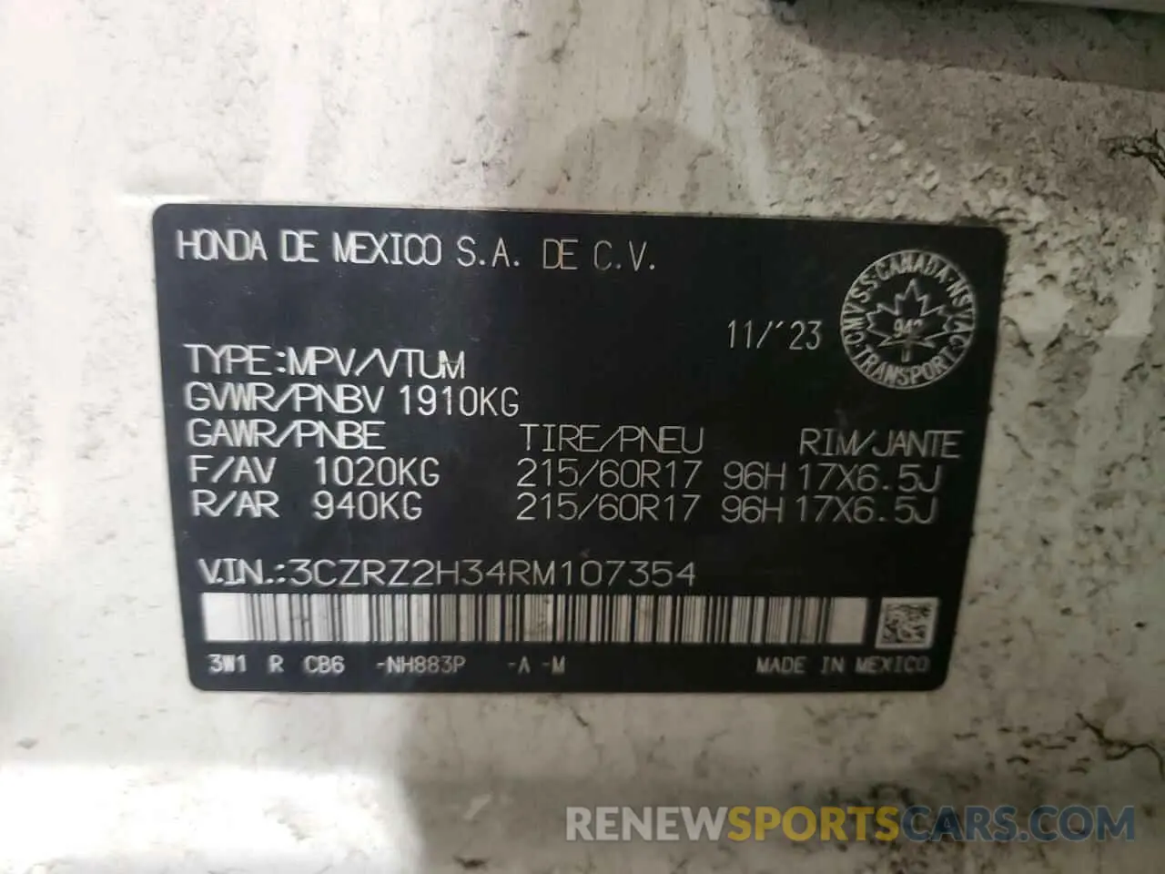 12 Photograph of a damaged car 3CZRZ2H34RM107354 HONDA HR-V 2024