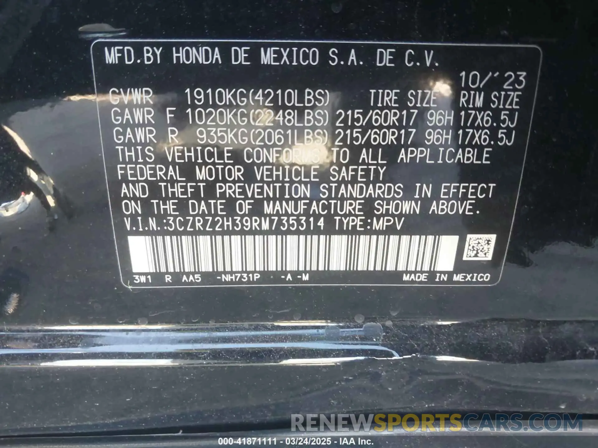 9 Photograph of a damaged car 3CZRZ2H39RM735314 HONDA HR-V 2024