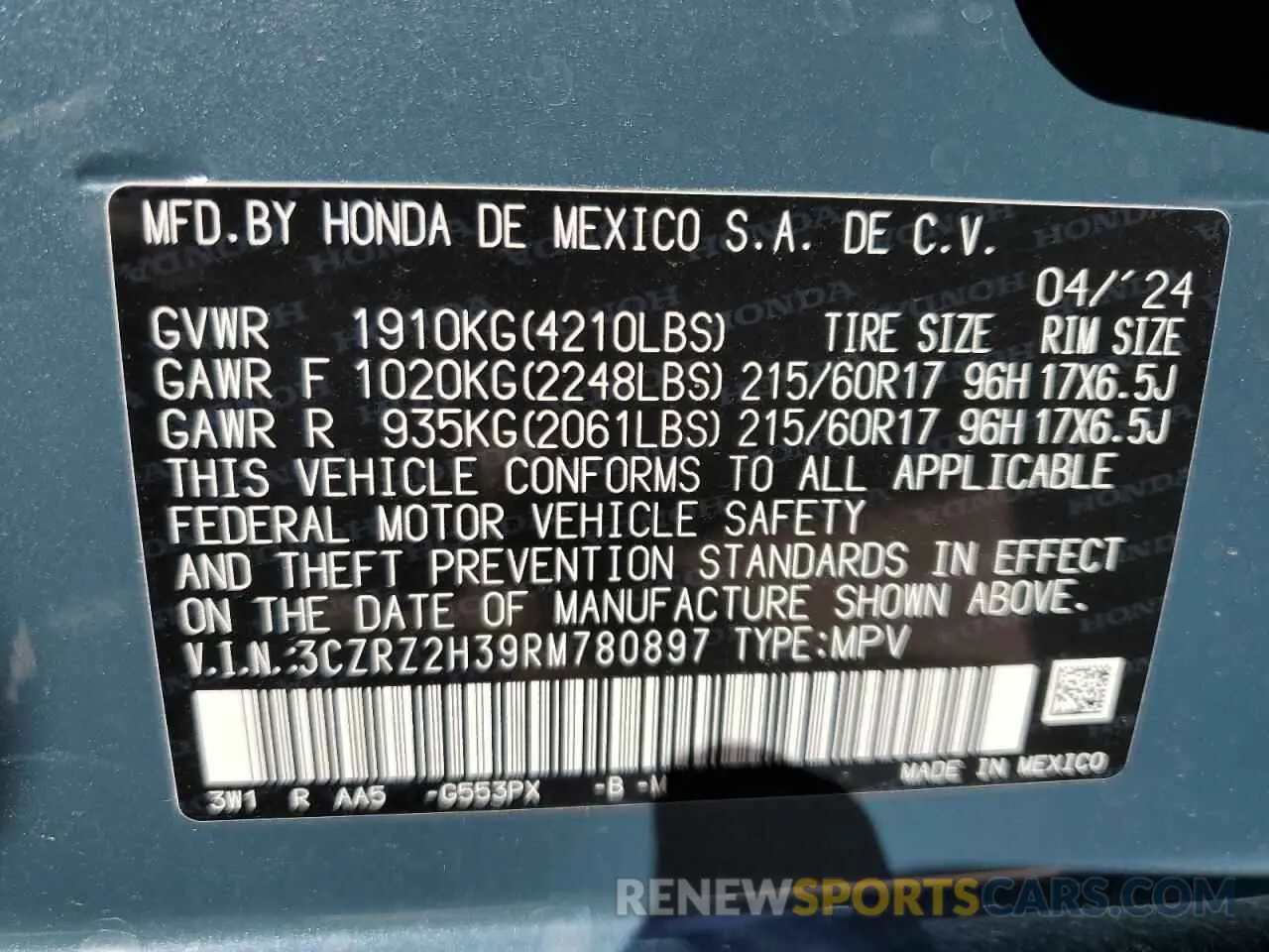 13 Photograph of a damaged car 3CZRZ2H39RM780897 HONDA HR-V 2024