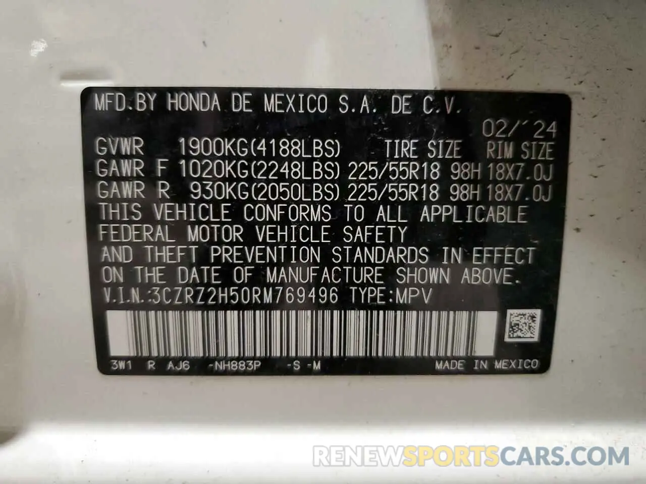 13 Photograph of a damaged car 3CZRZ2H50RM769496 HONDA HR-V 2024