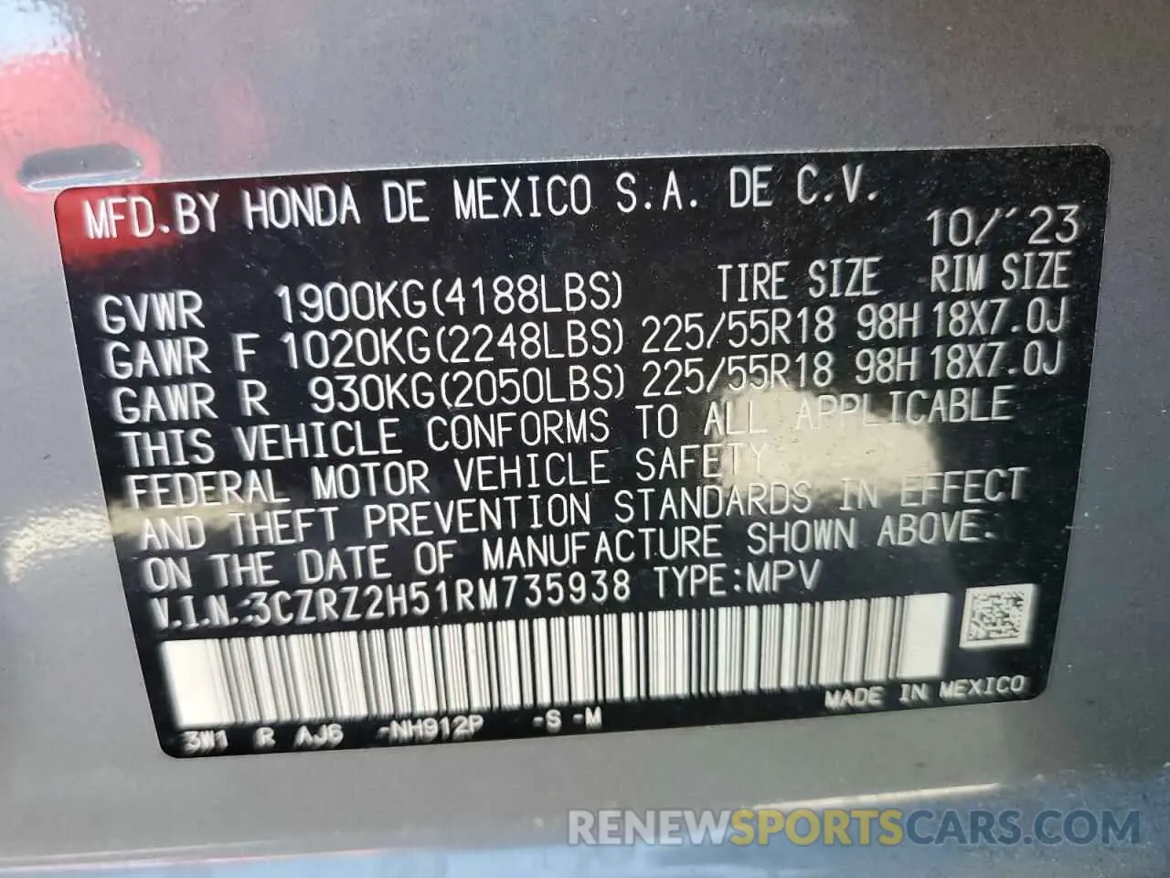 13 Photograph of a damaged car 3CZRZ2H51RM735938 HONDA HR-V 2024