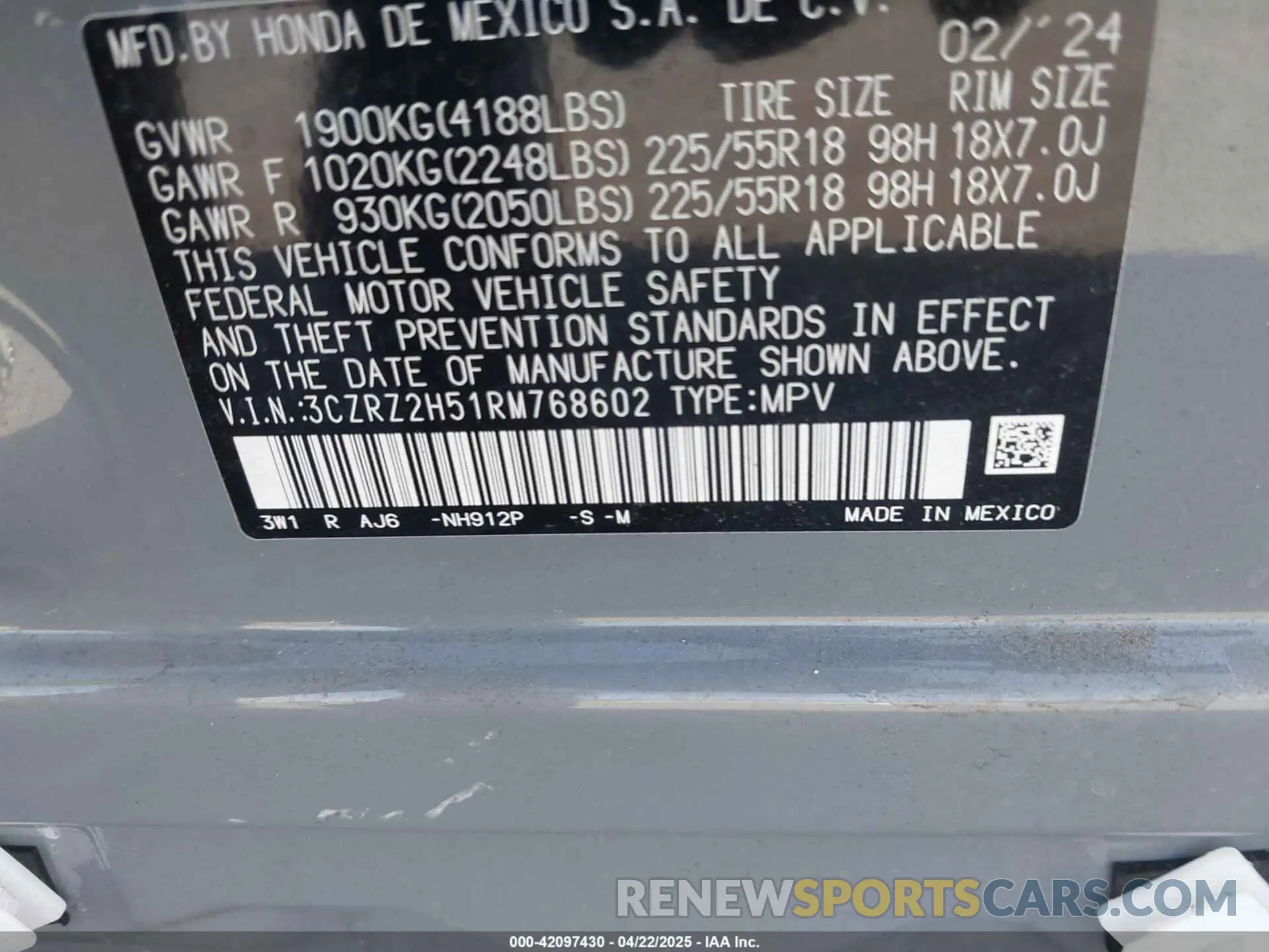 9 Photograph of a damaged car 3CZRZ2H51RM768602 HONDA HR-V 2024