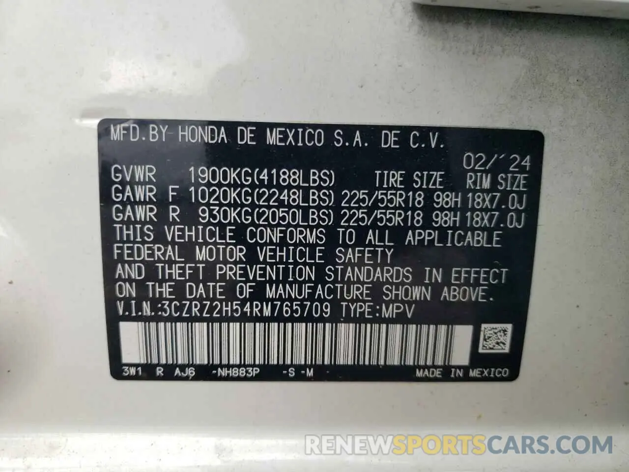 14 Photograph of a damaged car 3CZRZ2H54RM765709 HONDA HR-V 2024
