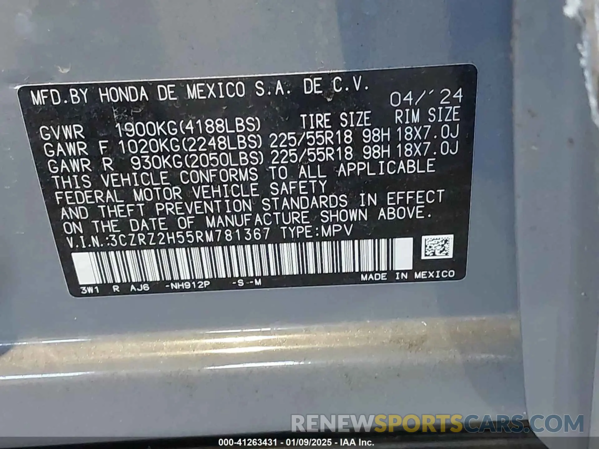 9 Photograph of a damaged car 3CZRZ2H55RM781367 HONDA HR-V 2024