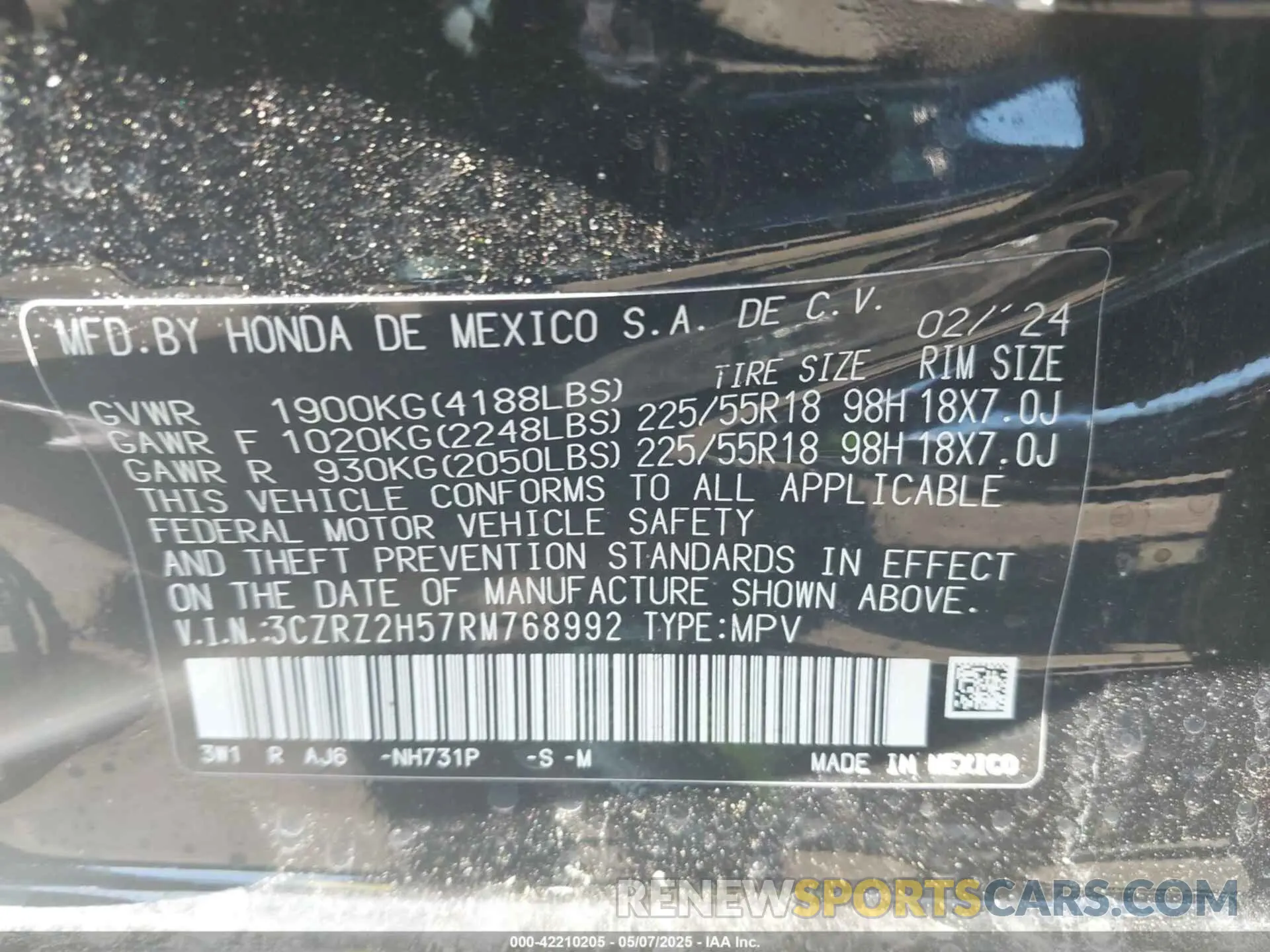 9 Photograph of a damaged car 3CZRZ2H57RM768992 HONDA HR-V 2024