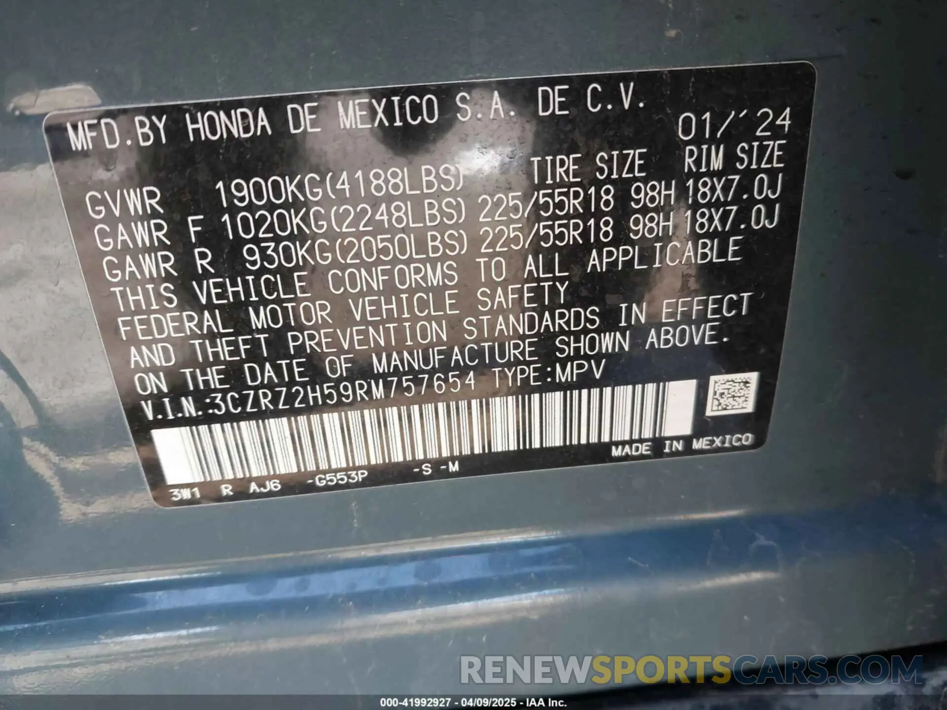 9 Photograph of a damaged car 3CZRZ2H59RM757654 HONDA HR-V 2024