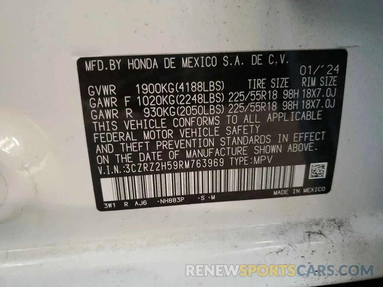 14 Photograph of a damaged car 3CZRZ2H59RM763969 HONDA HR-V 2024