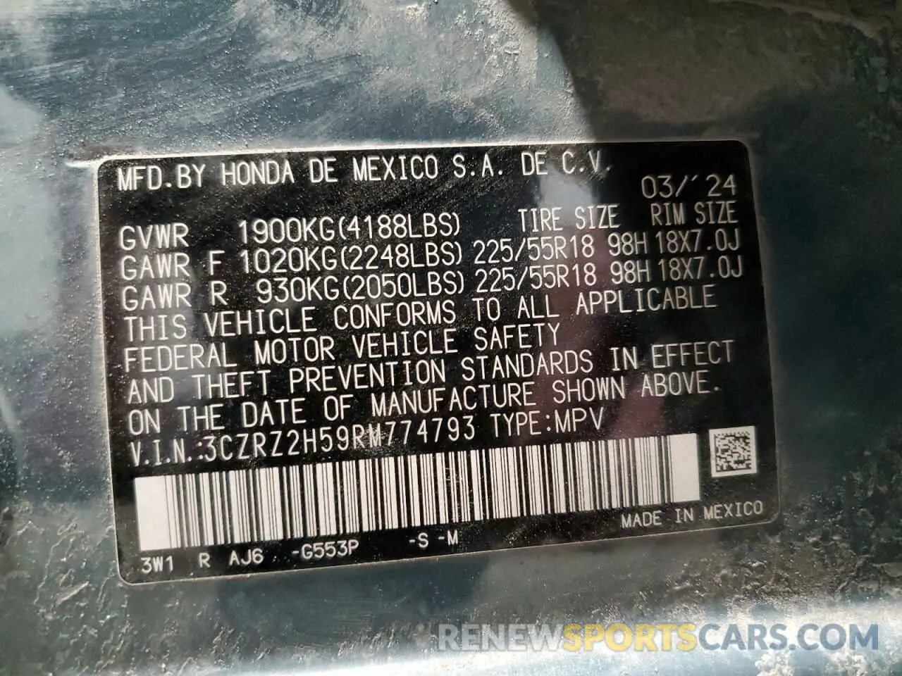 13 Photograph of a damaged car 3CZRZ2H59RM774793 HONDA HR-V 2024