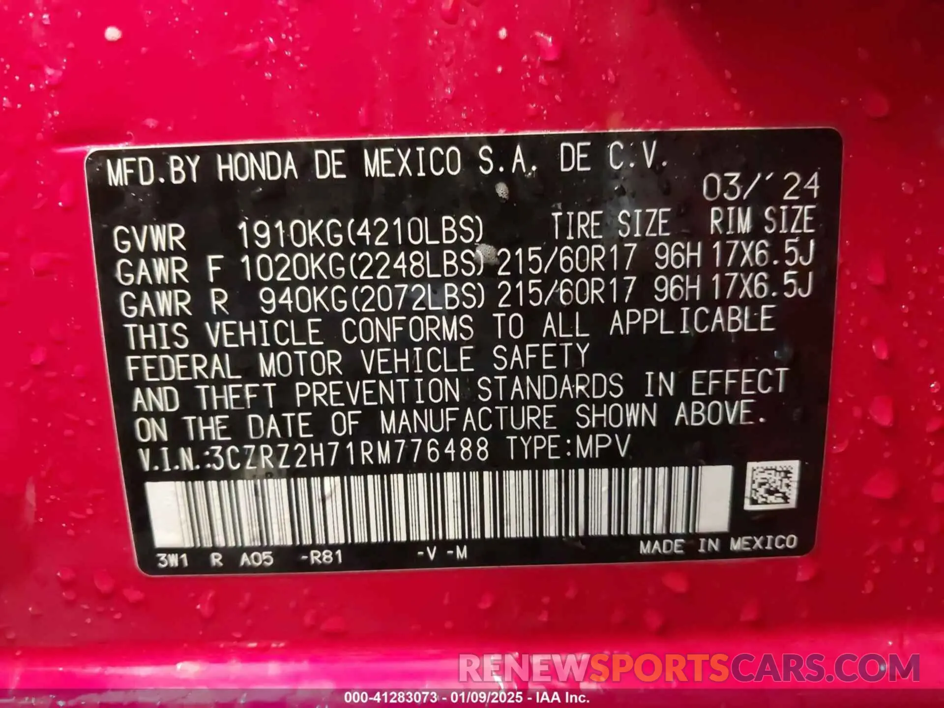 9 Photograph of a damaged car 3CZRZ2H71RM776488 HONDA HR-V 2024