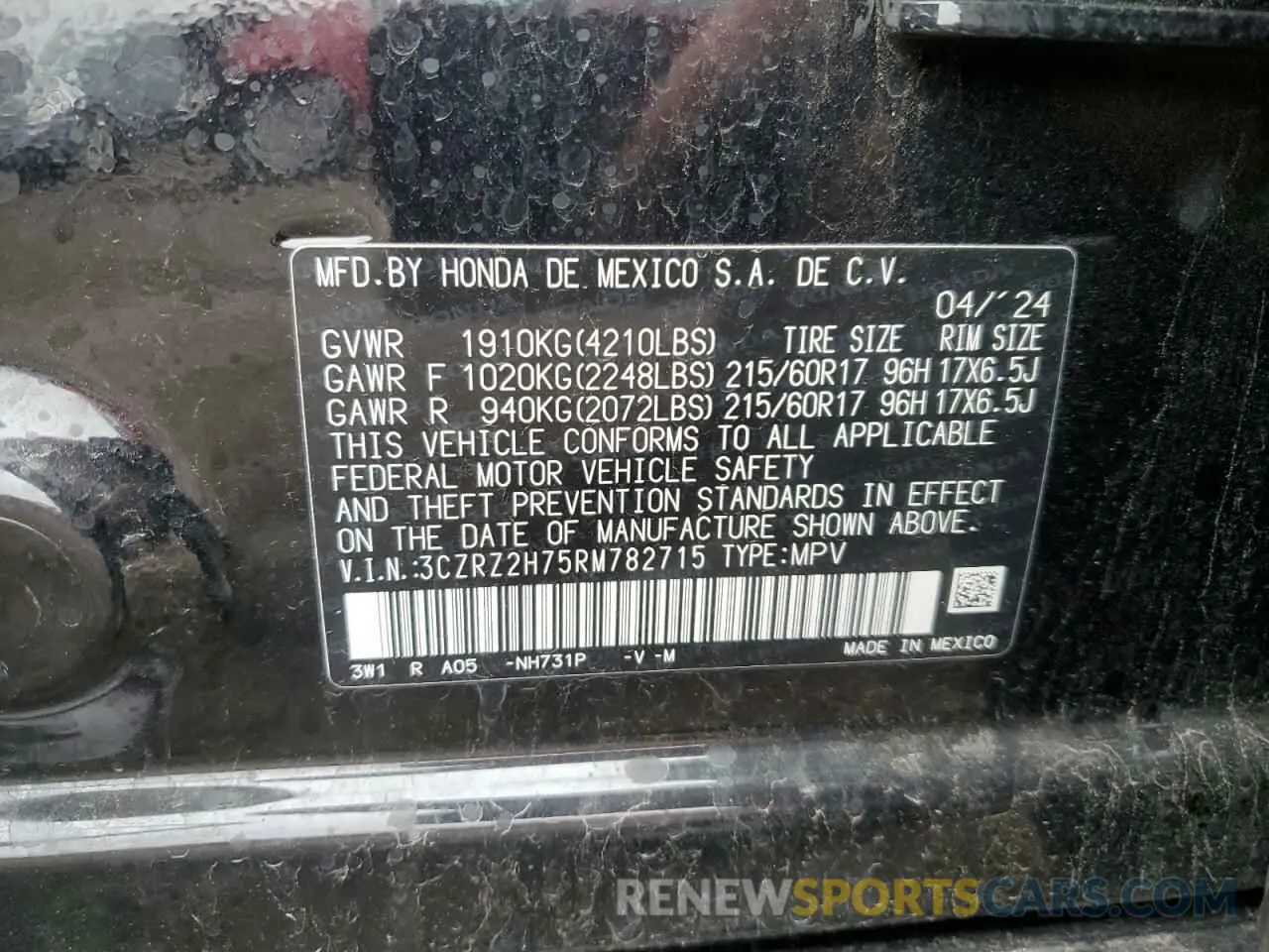 13 Photograph of a damaged car 3CZRZ2H75RM782715 HONDA HR-V 2024