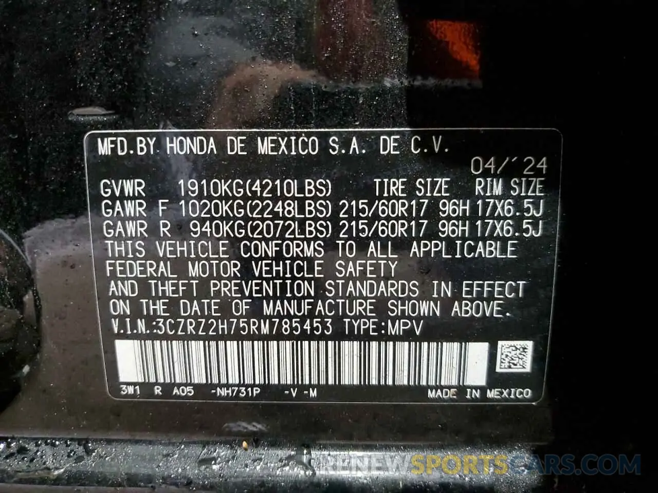 14 Photograph of a damaged car 3CZRZ2H75RM785453 HONDA HR-V 2024